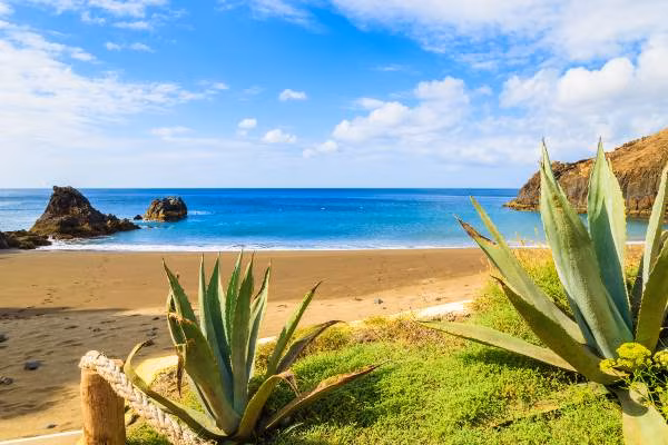 Blick auf Strand Prainha mit tropischen Pflanzen, Madeira Prainha Strand auf Madeira