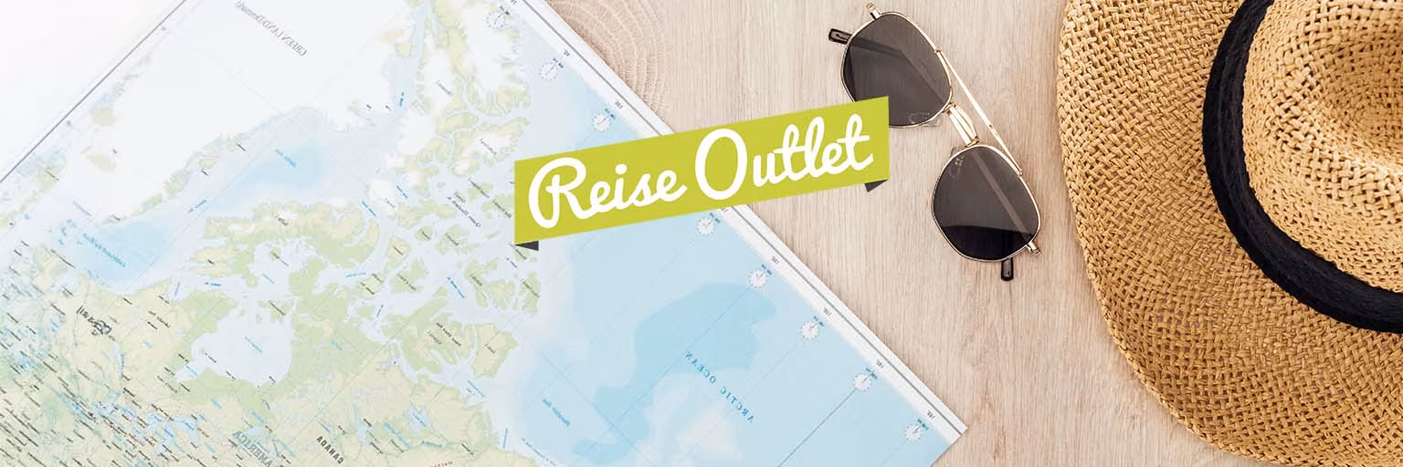 Reise Outlet, Landkarte mit Hut und Sonnenbrille