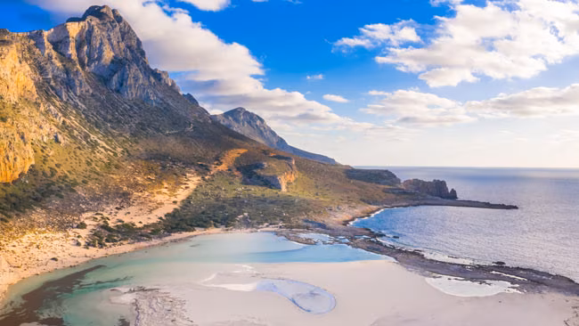 Griechenland - Kreta, Aussicht auf Lagune von Balos mit türkisfarbenem Wasser