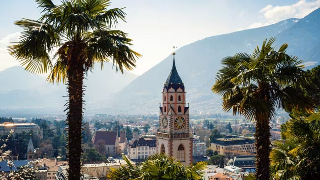 Italien - Südtirol, Blick auf Meran mit Palmen, Kichturm und Bergen im Hintergrund