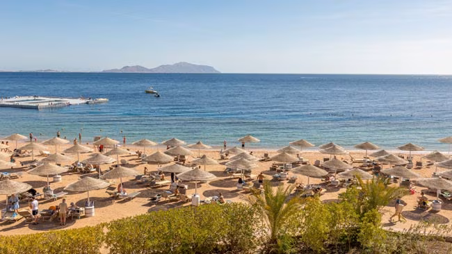 Strandabschnitt mit Liegen und Urlaubern, Sharm Al Seikh, Ägypten