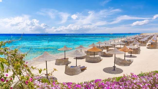 Strandabschnitt mit Liegen und kristallklarem Meer in Marsa Alam, Ägypten