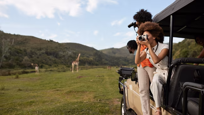 Afrika - Personengrupppe bei Safariausflug, Frau fotografiert mit Kamera Giraffen aus Jeep