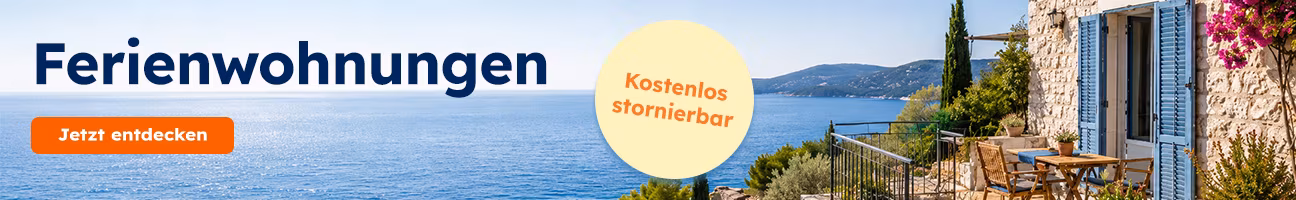 Banner mit Störer kostenlos stornierbaren Ferienwohnungen, Ferienwohnung mediterran mit Fensterläden und Blick auf See