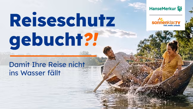 Reiseversicherung HanseMerkur, See mit Ruderboot und Paar