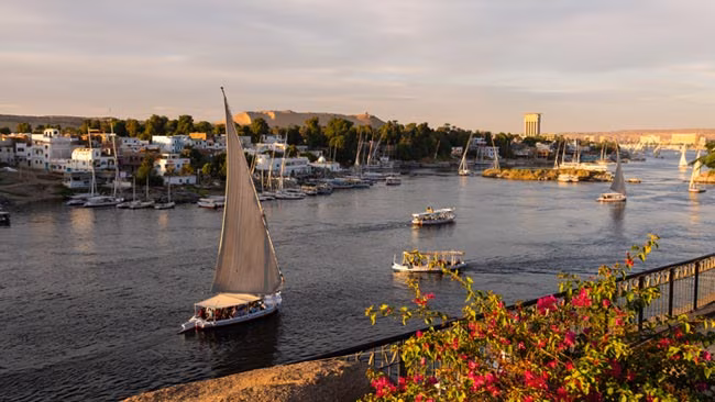 Felukken Schiffe und Nilkreuzfahrtschiffe auf Nil in Aswan, Ägypten