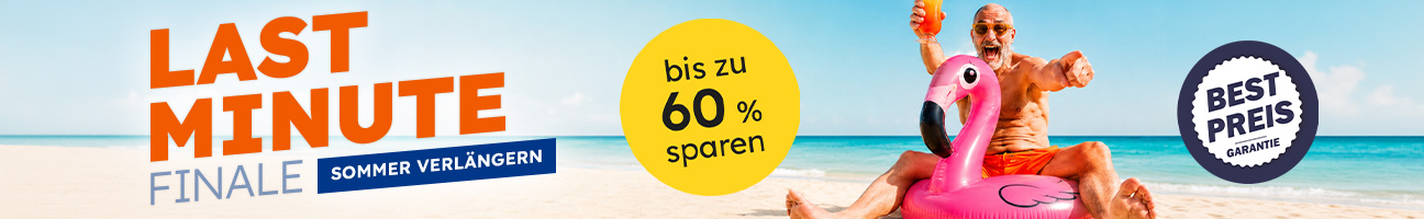 Last Minute Kampagne Sommer Finale 2026, Strandmotiv mit Mann auf Flamingo, Störer mit "Bis zu 60% gespart"