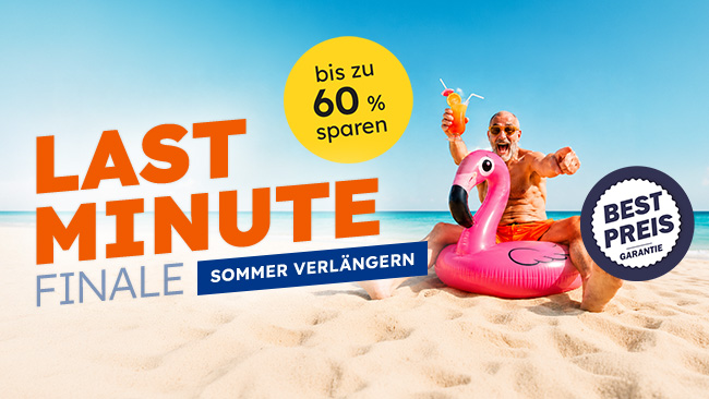 Last Minute Kampagne Sommer Finale 2026, Strandmotiv mit Mann auf Flamingo, Störer mit "Bis zu 60% gespart"