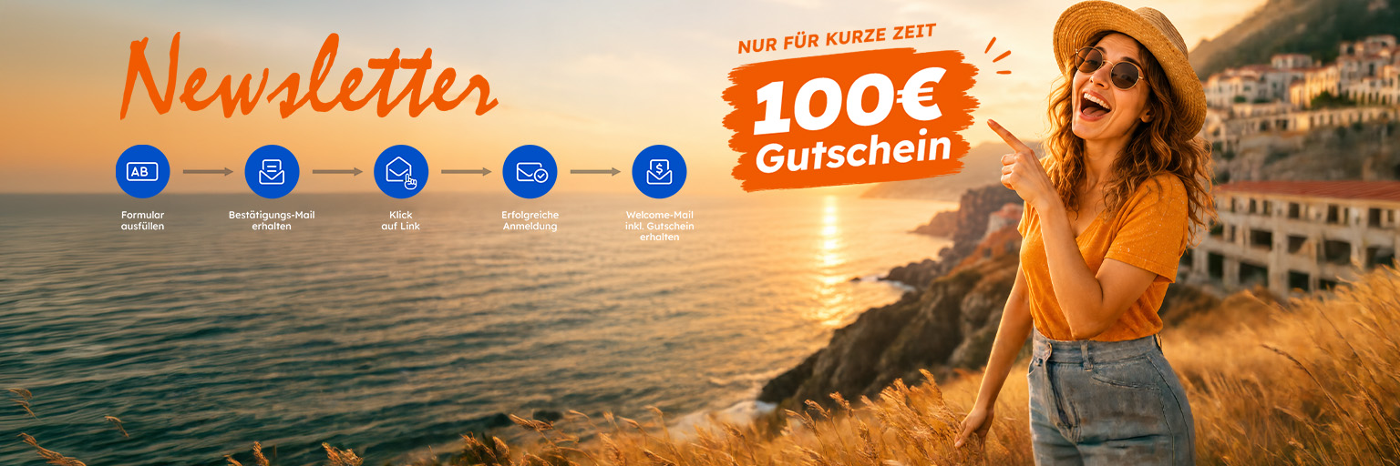Grafik zeigt den Ablauf der Newsletter-Anmeldung bei sonnenklar.TV: Formular ausfüllen, Bestätigungsmail erhalten, auf den Link klicken, erfolgreiche Anmeldung abschließen und Willkommensmail mit 100-Euro-Reisegutschein erhalten.