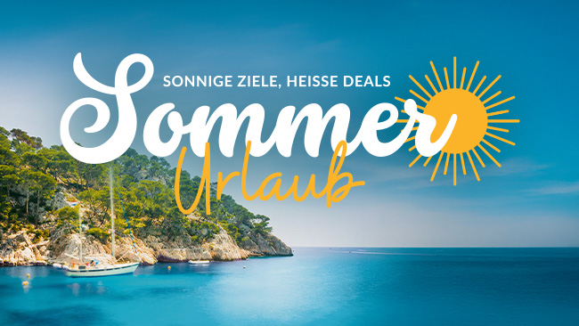 Sommerurlaub, Sonnige Ziele - Heiße Deals, Bucht mit Schiff