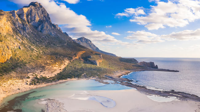 Griechenland - Kreta, Aussicht auf Lagune von Balos mit türkisfarbenem Wasser