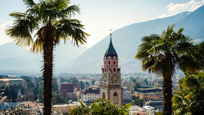 Italien - Südtirol, Blick auf Meran mit Palmen, Kichturm und Bergen im Hintergrund
