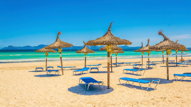Spanien - Mallorca, Alcudia Strandabschnitt mit Liegen und Sonnenschirmen