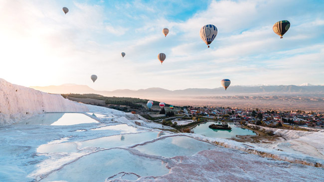 Pamukkale, Kalkterrassen, Heissluftballons, Urlaub Türkei