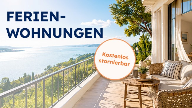 Visual mit Störer kostenlos stornierbaren Ferienwohnungen, Ferienwohnung mediterran mit Balkon und Blick auf See