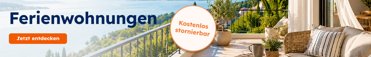 Banner mit Störer kostenlos stornierbaren Ferienwohnungen, Ferienwohnung mediterran mit Balkon und Blick auf See