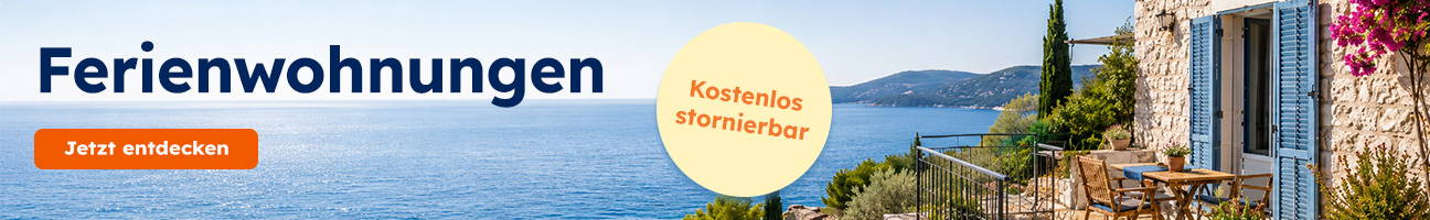 Banner mit Störer kostenlos stornierbaren Ferienwohnungen, Ferienwohnung mediterran mit Fensterläden und Blick auf See