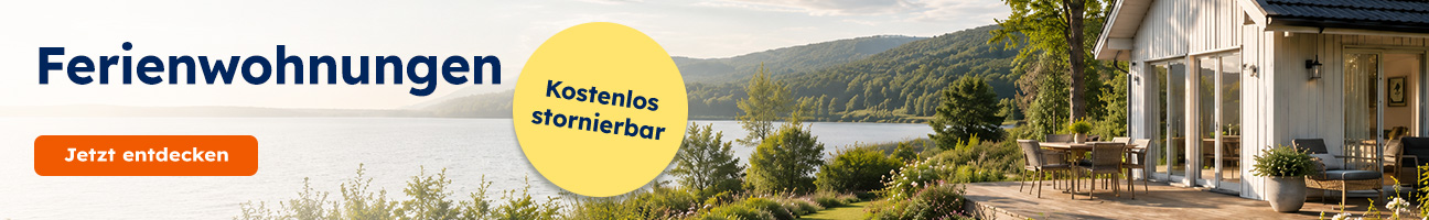 Banner mit Störer kostenfrei stornierbaren Ferienwohnungen, Ferienhaus am See