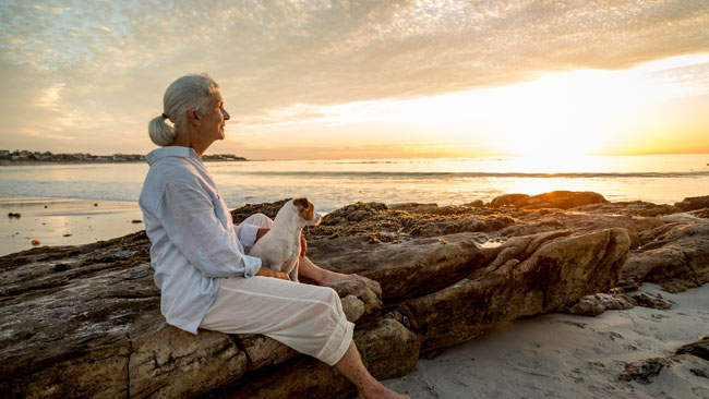 Seniorin sitzt mit Hund am Strand während Sonnenuntergang