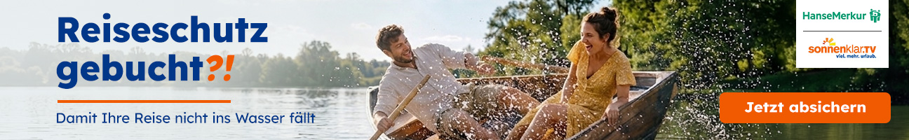 Reiseversicherung HanseMerkur, See mit Ruderboot und Paar
