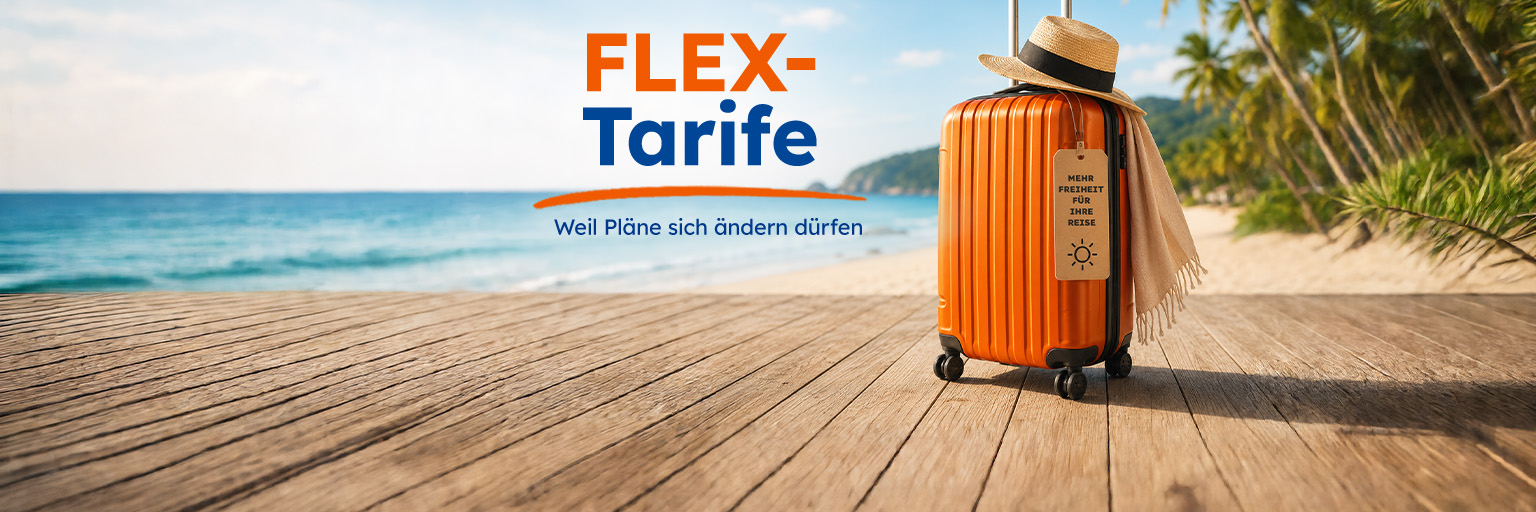 Flex Tarife, Weil Pläne sich ändern dürfen, Koffer mit Label "Mehr Sicherheit für Ihre Reise"