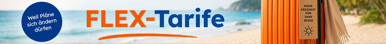 Flex Tarife, Weil Pläne sich ändern dürfen, Koffer mit Label "Mehr Sicherheit für Ihre Reise"