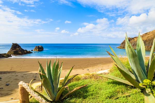 Blick auf Strand Prainha mit tropischen Pflanzen, Madeira Prainha Strand auf Madeira